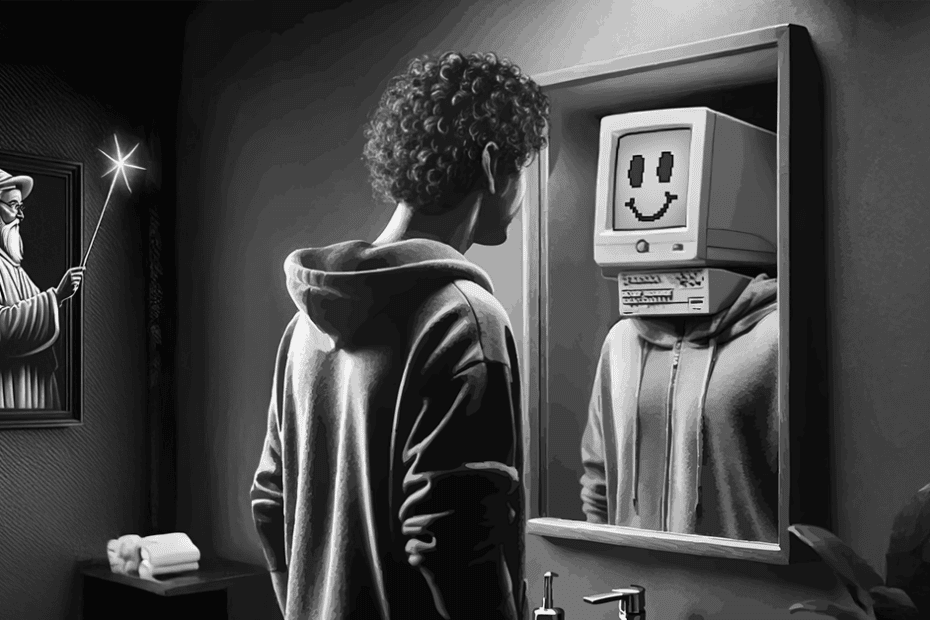 Man gazing into mirror sees computer reflection while wizard emerges from portrait, illustrating the contrast between technology reality and magical thinking