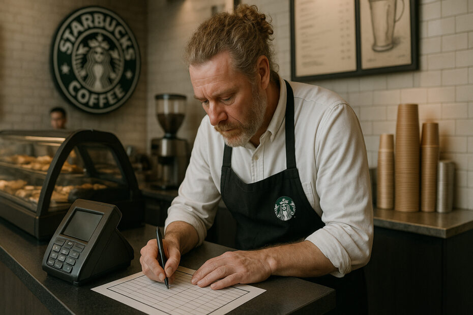 Starbucks employee writing on paper at counter during the November 2024 ransomware attack (generated)